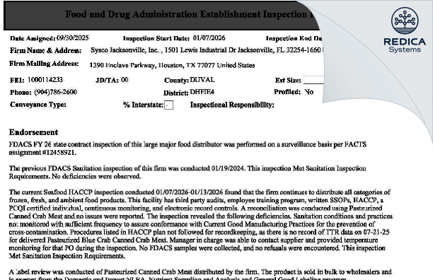 EIR - Sysco Jacksonville, Inc. [Jacksonville / United States of America] - Download PDF - Redica Systems