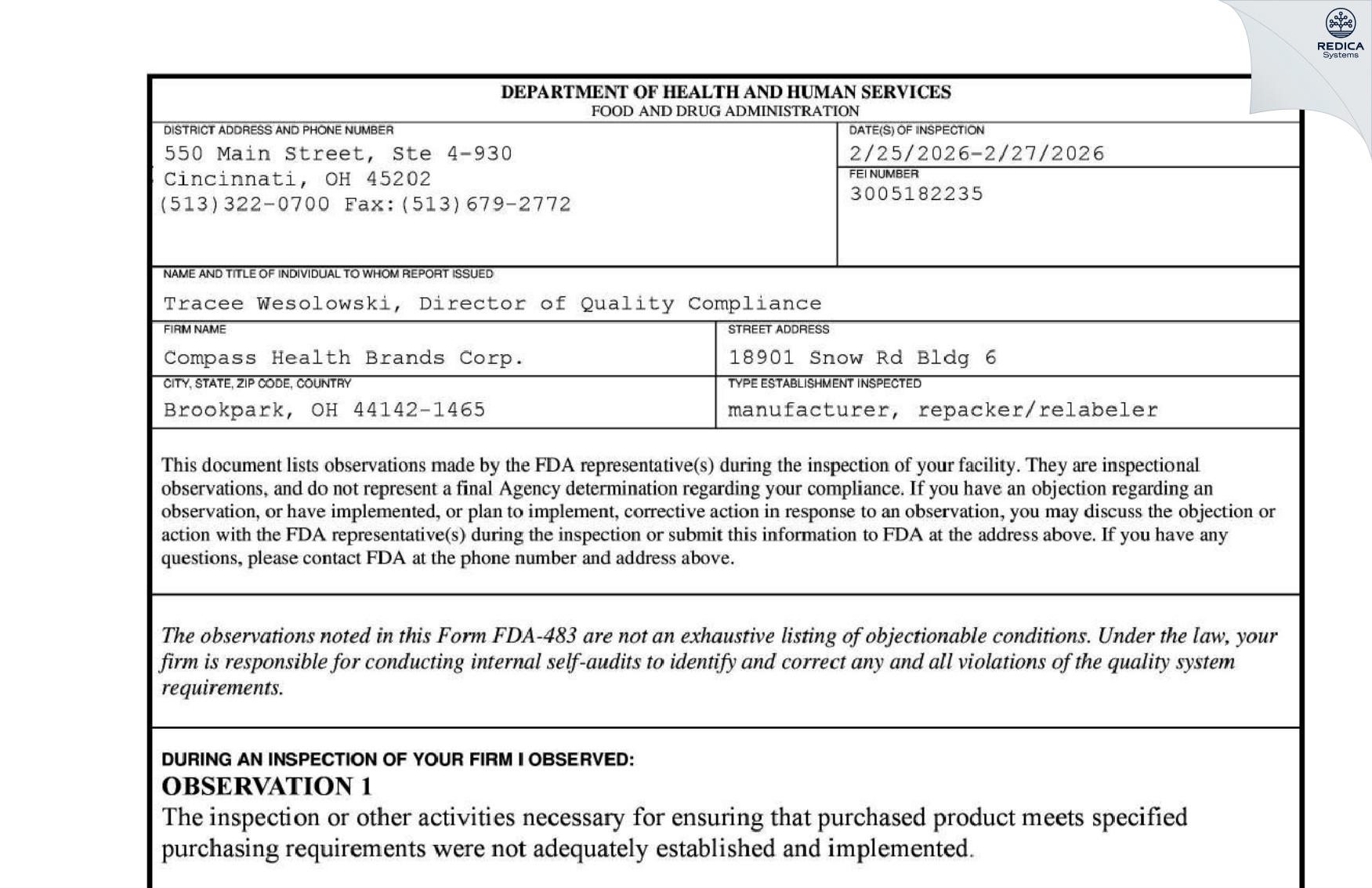 FDA 483 - Compass Health Brands Corp. [Brookpark / United States of America] - Download PDF - Redica Systems