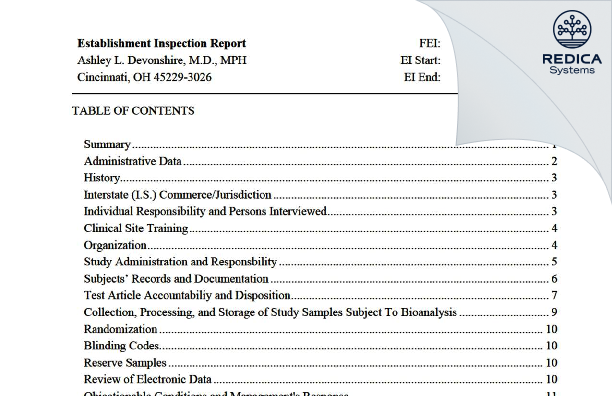 EIR - Ashley L. Devonshire, M.D., MPH [Cincinnati / United States of America] - Download PDF - Redica Systems