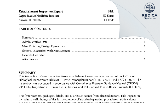 EIR - Reproductive Medicine Institute [Evanston / United States of America] - Download PDF - Redica Systems