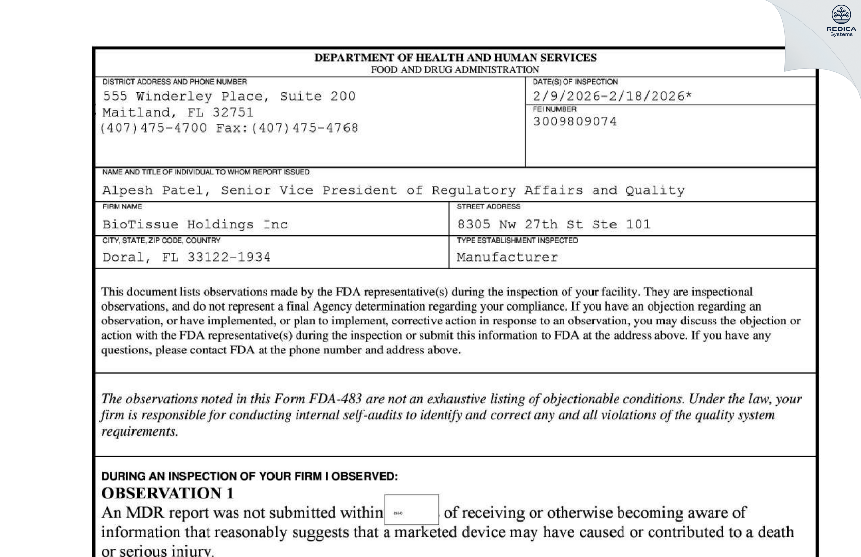 FDA 483 - BioTissue Holdings Inc [Doral / United States of America] - Download PDF - Redica Systems