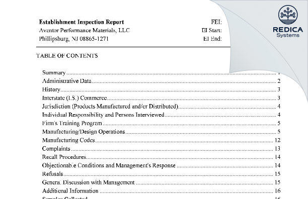 EIR - Avantor Performance Materials, LLC [Phillipsburg / United States of America] - Download PDF - Redica Systems