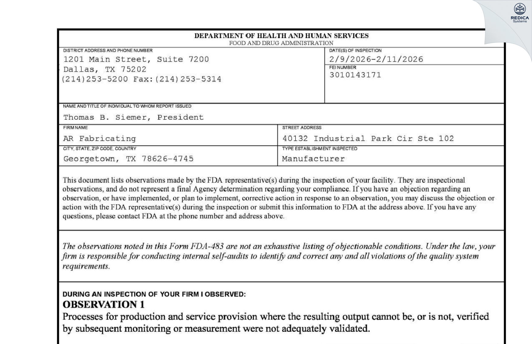 FDA 483 - AR Fabricating [Georgetown / United States of America] - Download PDF - Redica Systems