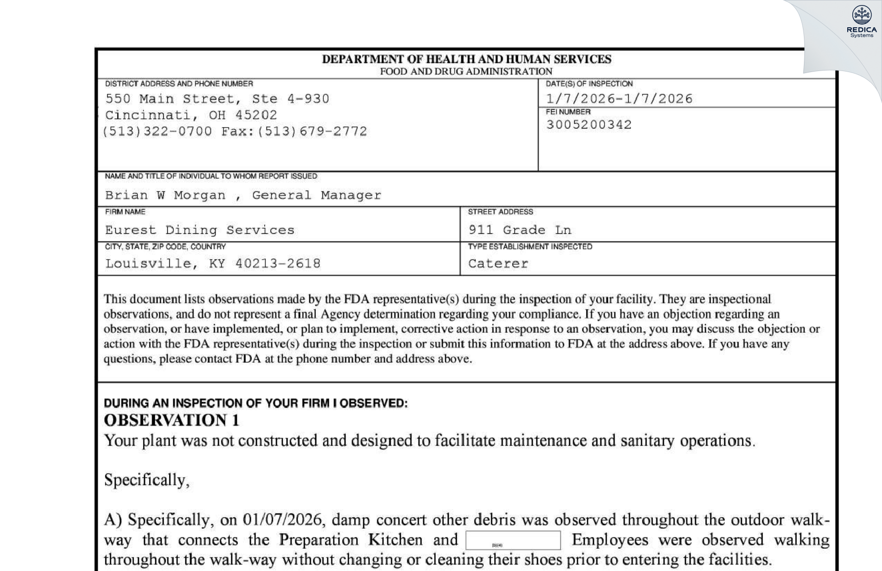 FDA 483 - Eurest Dining Services [Louisville / United States of America] - Download PDF - Redica Systems