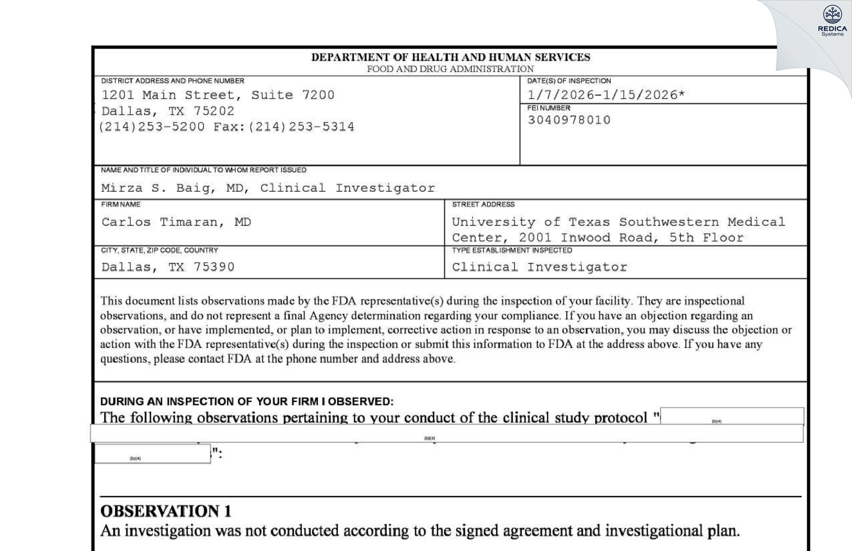 FDA 483 - Carlos Timaran, MD [Dallas / United States of America] - Download PDF - Redica Systems