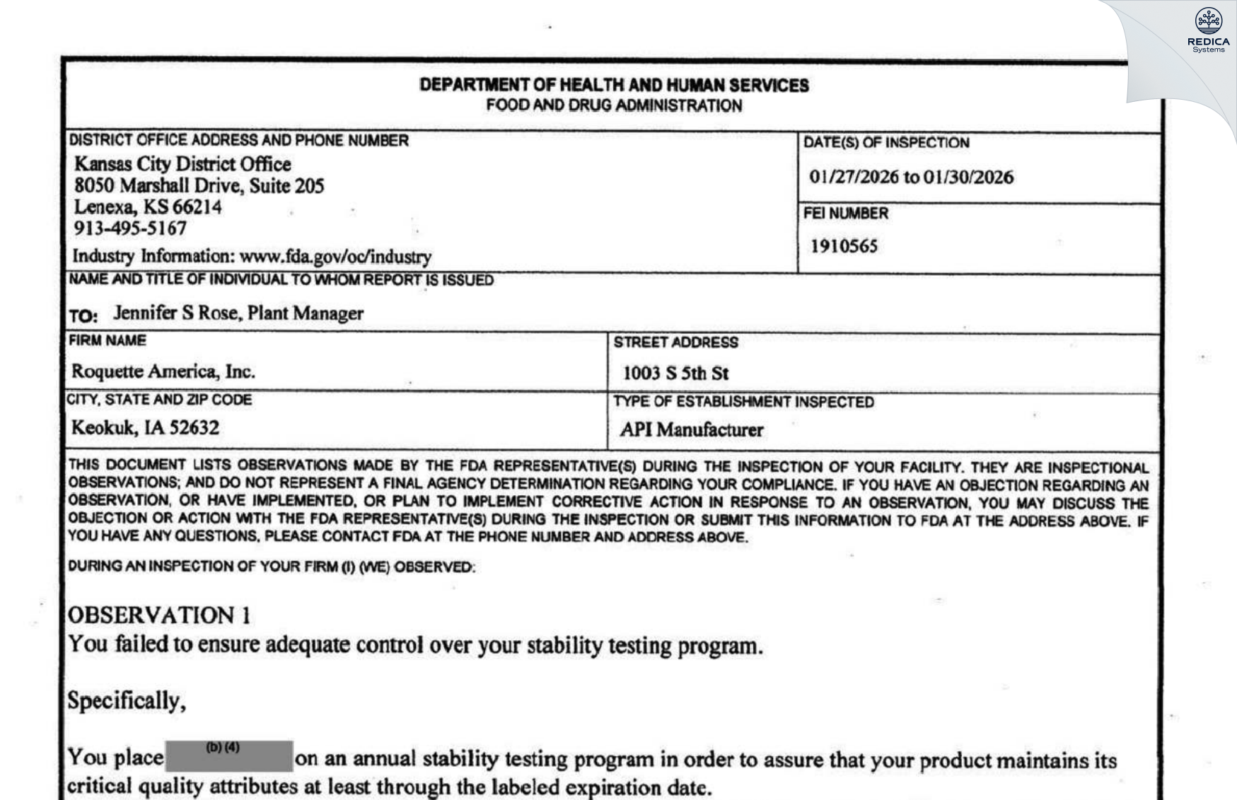 FDA 483 - Roquette America, Inc. [Keokuk / United States of America] - Download PDF - Redica Systems