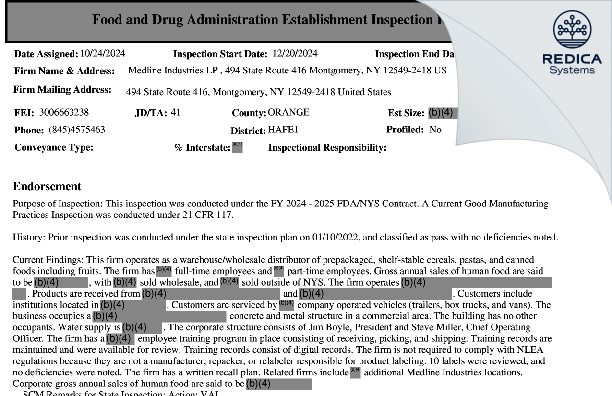 EIR - Medline Industries, Inc. [Middletown / United States of America] - Download PDF - Redica Systems