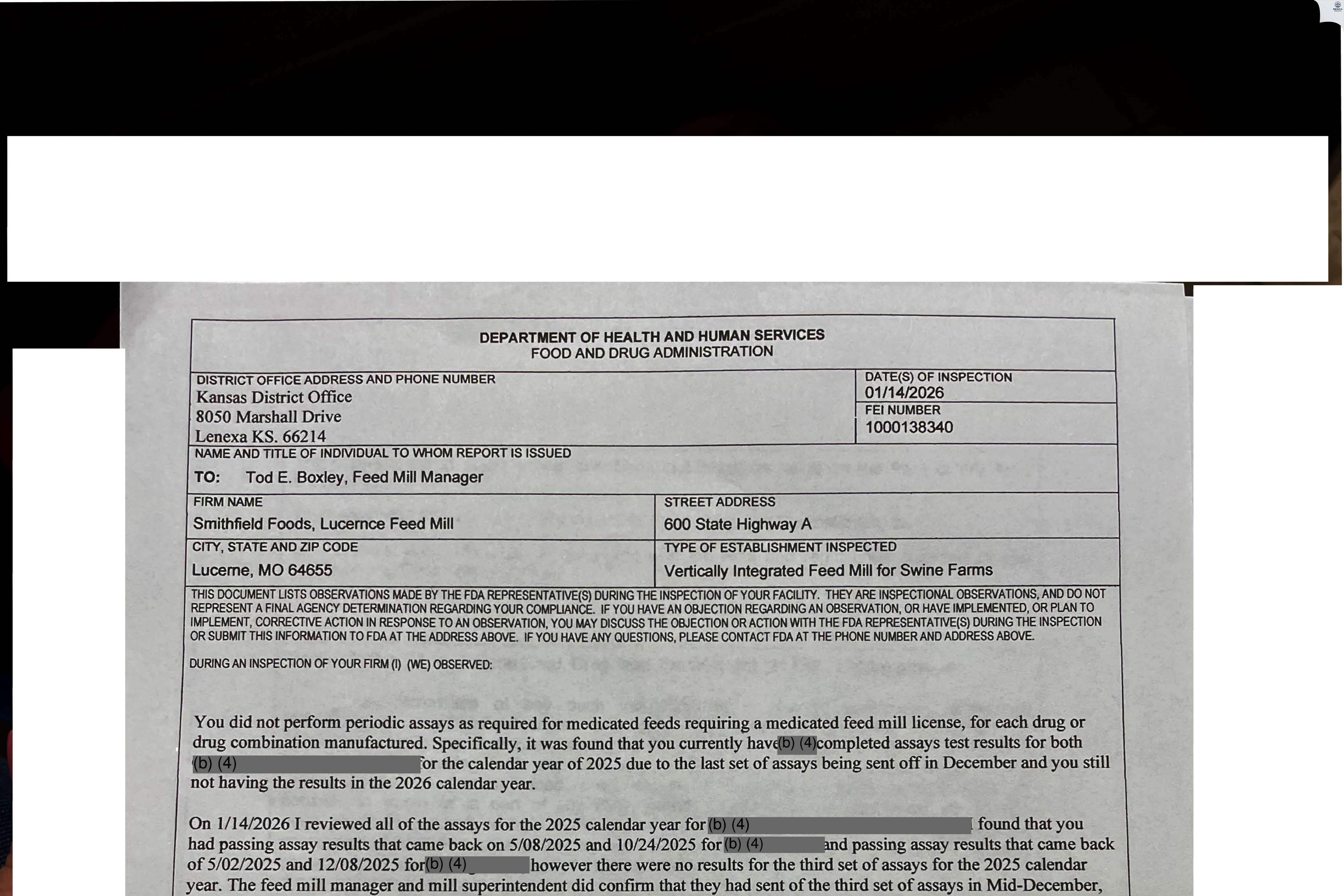 FDA 483 - Murphy Brown LLC dba Smithfield Foods, Lucerne Feed Mill [Lucerne / United States of America] - Download PDF - Redica Systems
