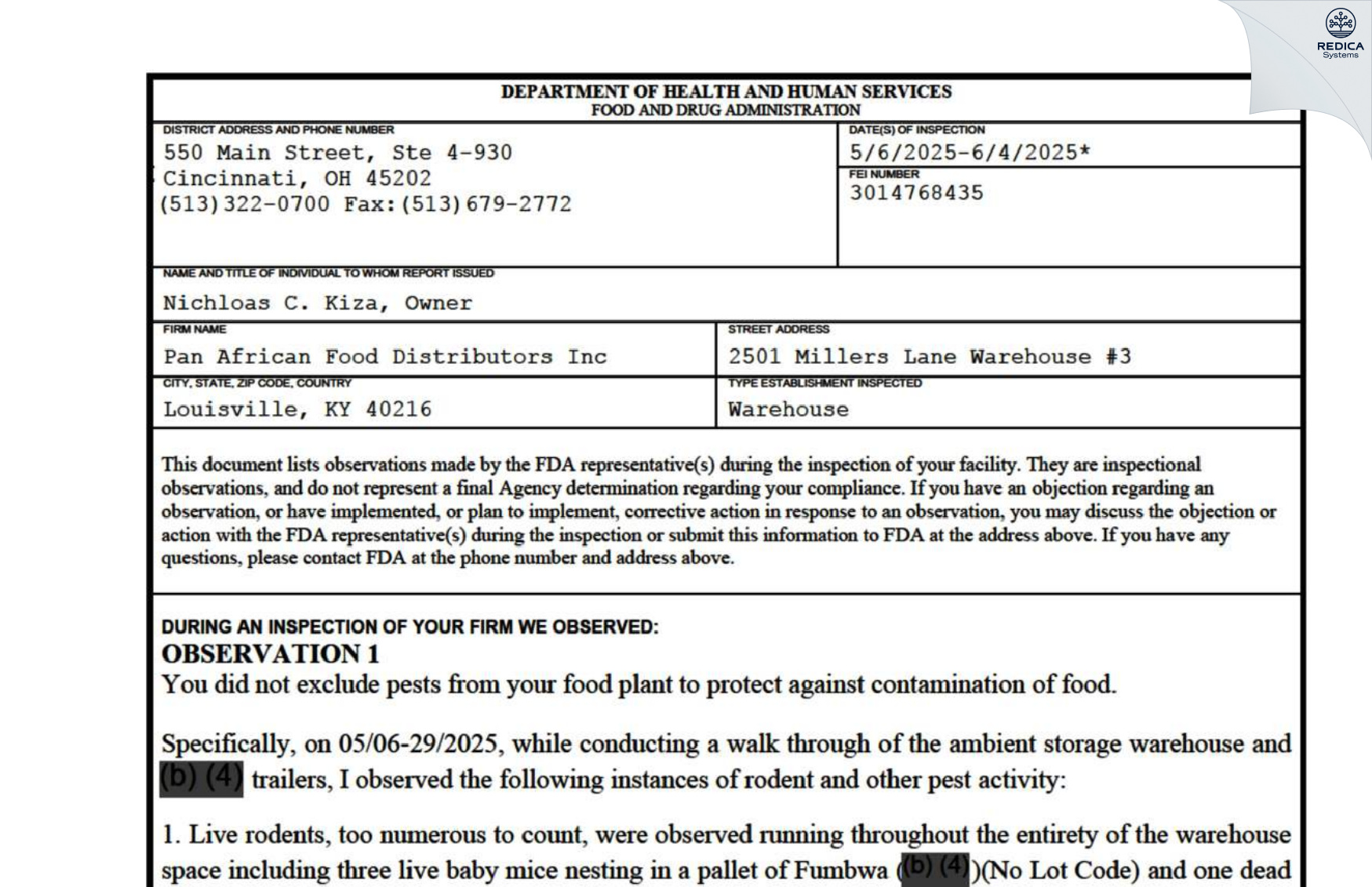 FDA 483 - Pan African Food Distributors Inc [Louisville / United States of America] - Download PDF - Redica Systems