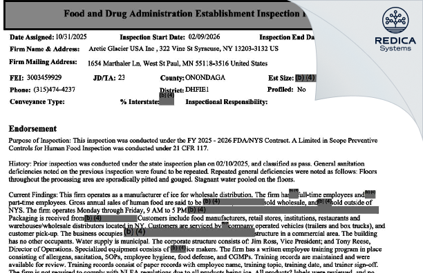 EIR - Arctic Glacier USA Inc [Syracuse / United States of America] - Download PDF - Redica Systems