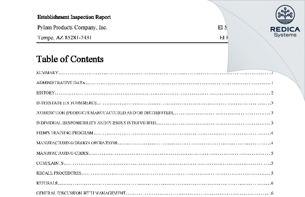 EIR - Pylam Products Company, Inc. [Tempe / United States of America] - Download PDF - Redica Systems