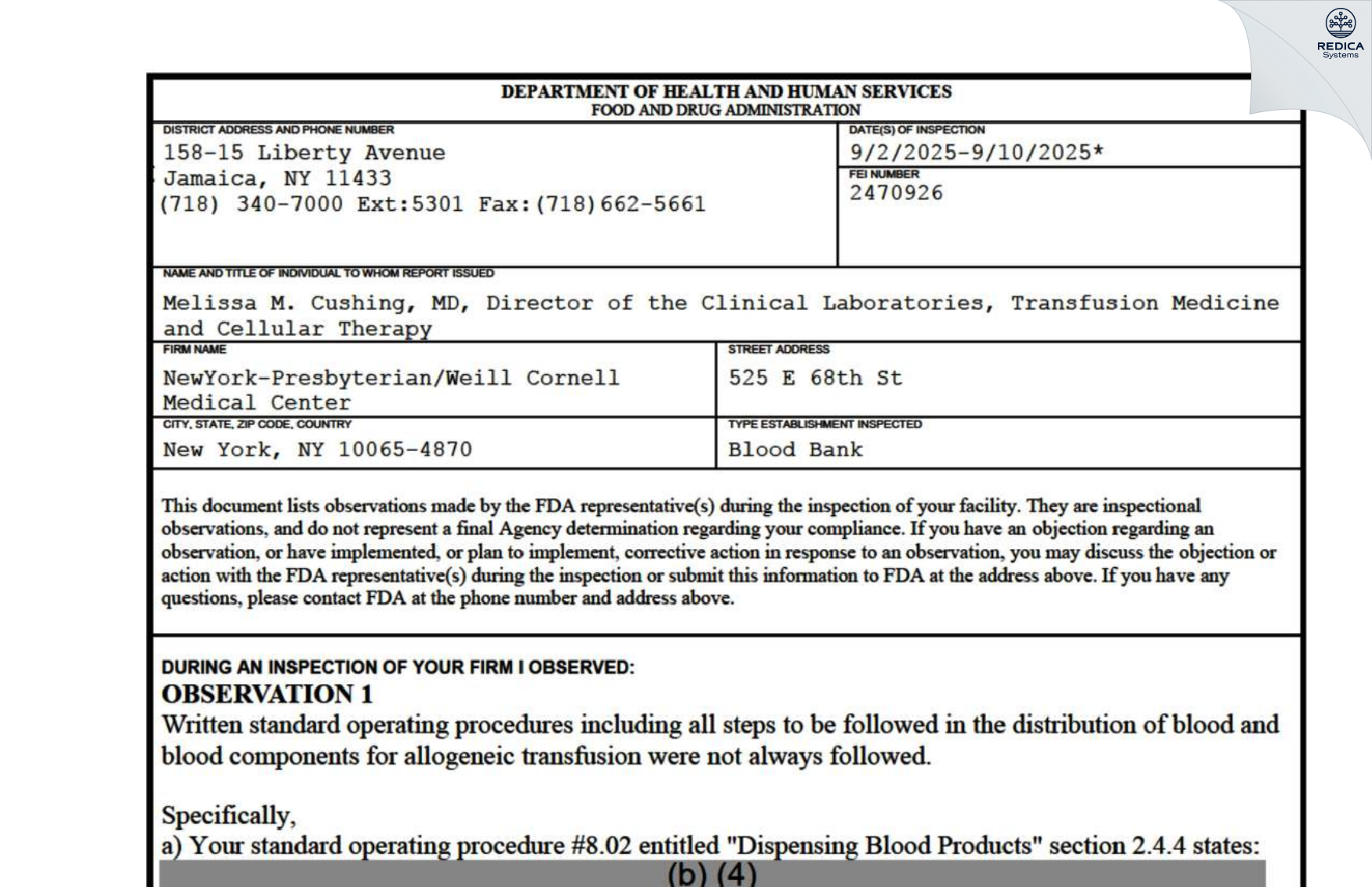 FDA 483 - New York Presbyterian Hospital Services [New York / United States of America] - Download PDF - Redica Systems