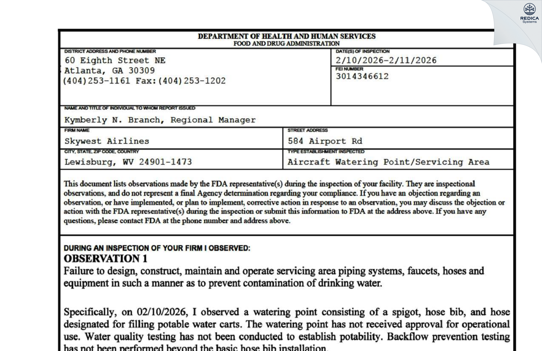 FDA 483 - Skywest Airlines [Lewisburg / United States of America] - Download PDF - Redica Systems