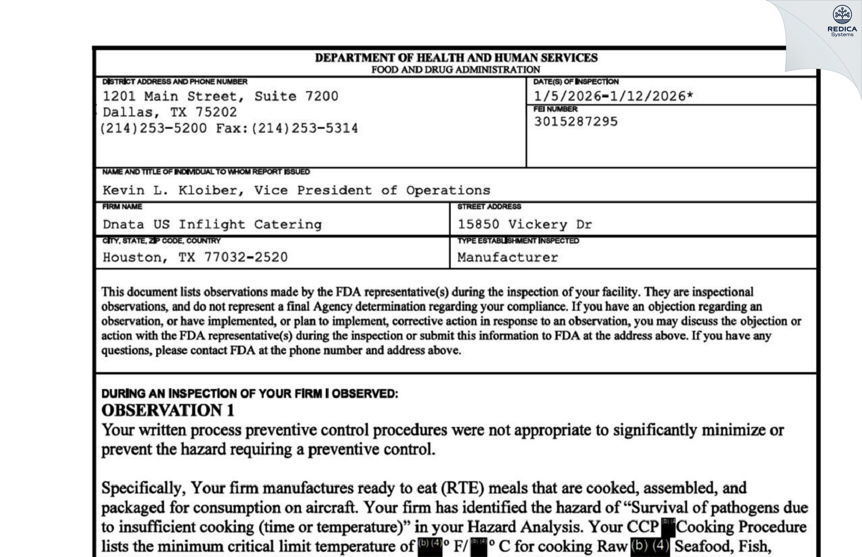 FDA 483 - Dnata US Inflight Catering [Houston / United States of America] - Download PDF - Redica Systems