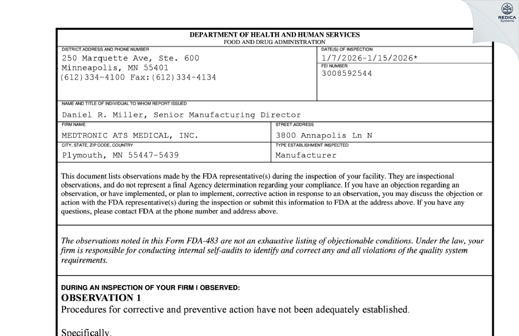 FDA 483 - MEDTRONIC ATS MEDICAL, INC. [Minneapolis / United States of America] - Download PDF - Redica Systems