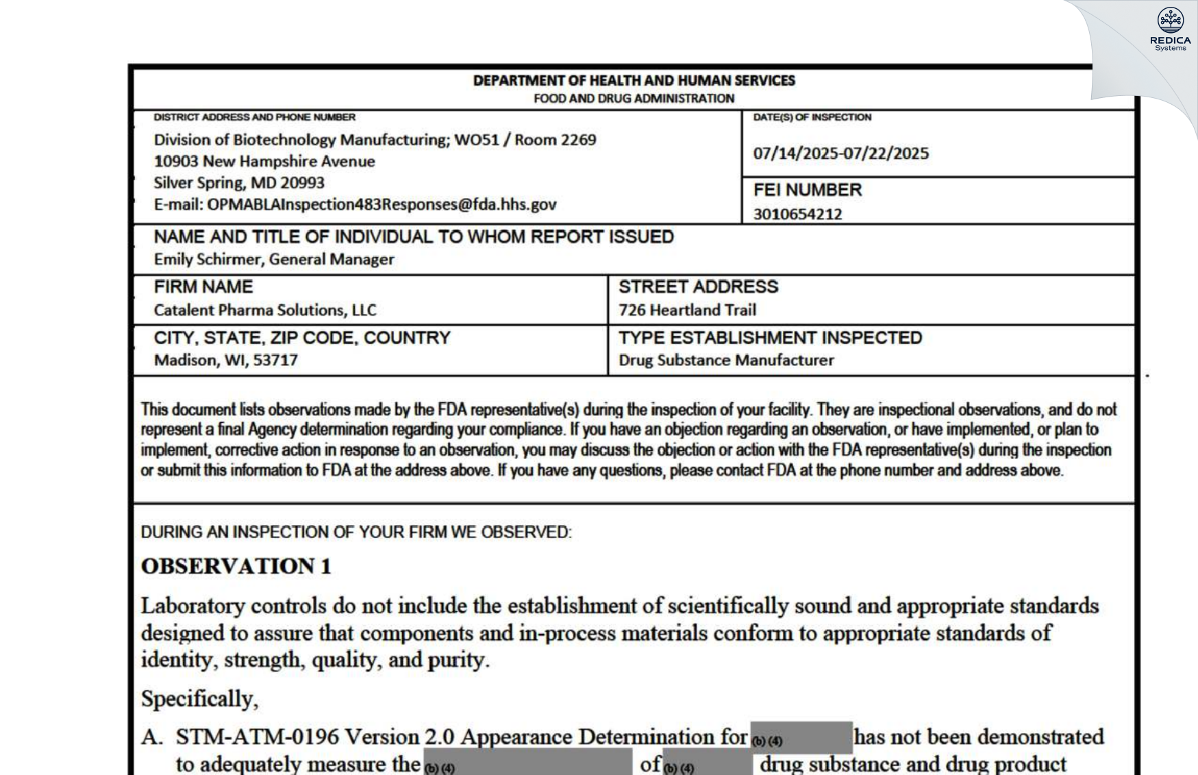 FDA 483 - Catalent Pharma Solutions, LLC [Madison / United States of America] - Download PDF - Redica Systems