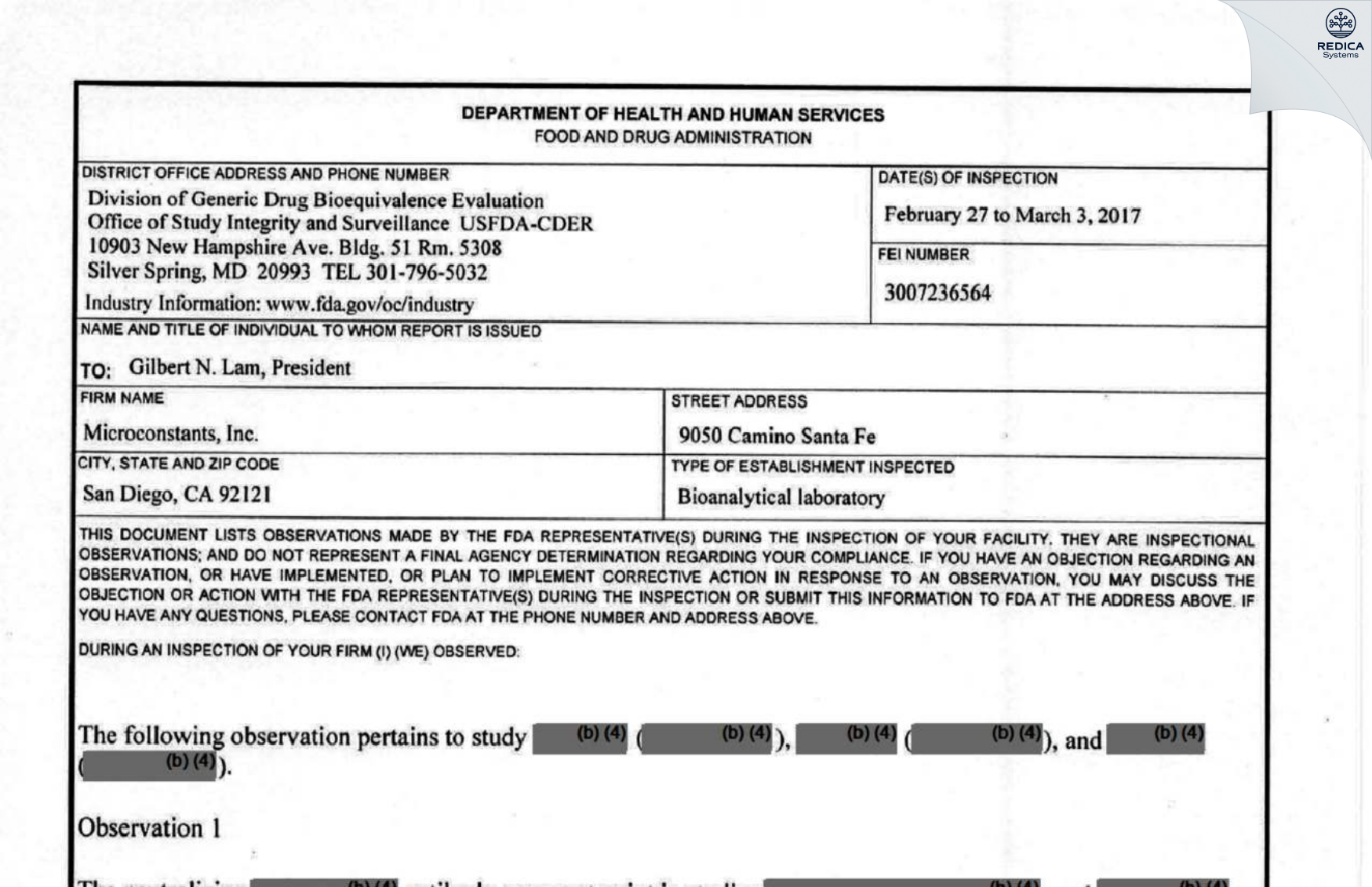 FDA 483 - Microconstants Inc [San Diego / United States of America] - Download PDF - Redica Systems