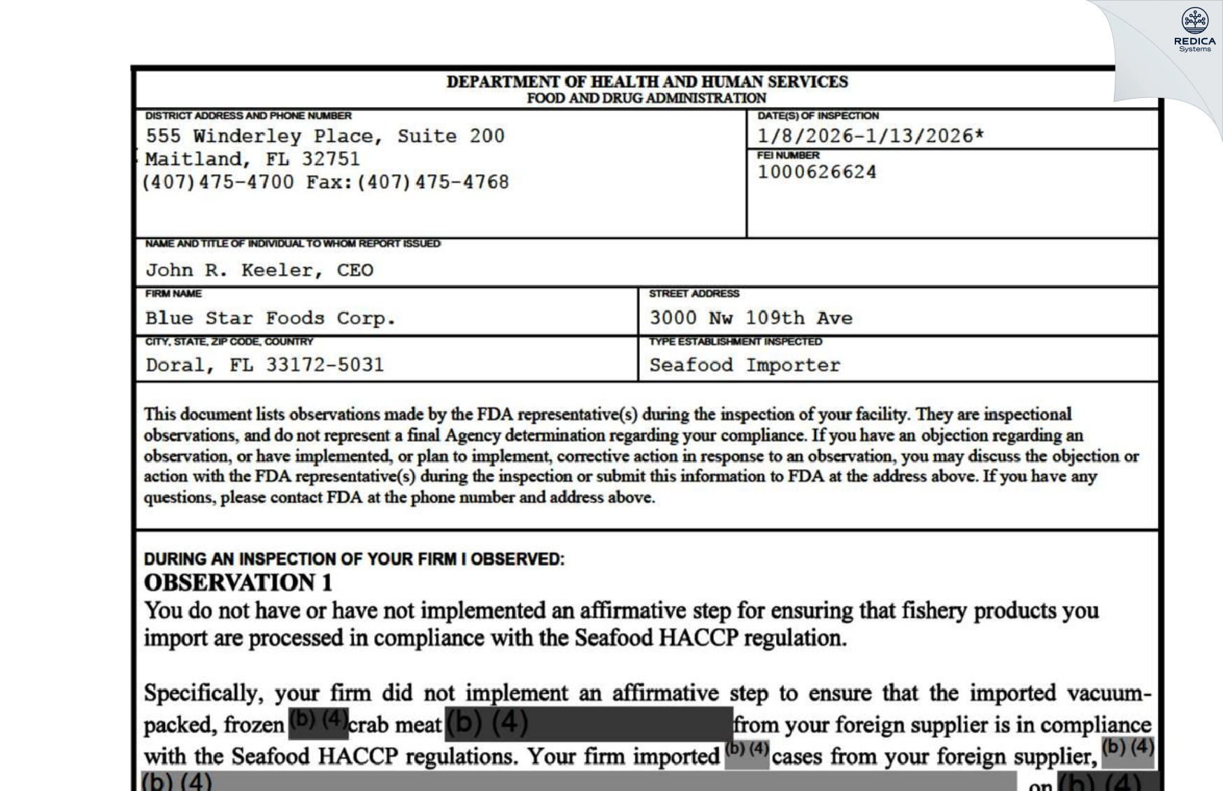 FDA 483 - John Keeler & Co. Inc. [Doral / United States of America] - Download PDF - Redica Systems