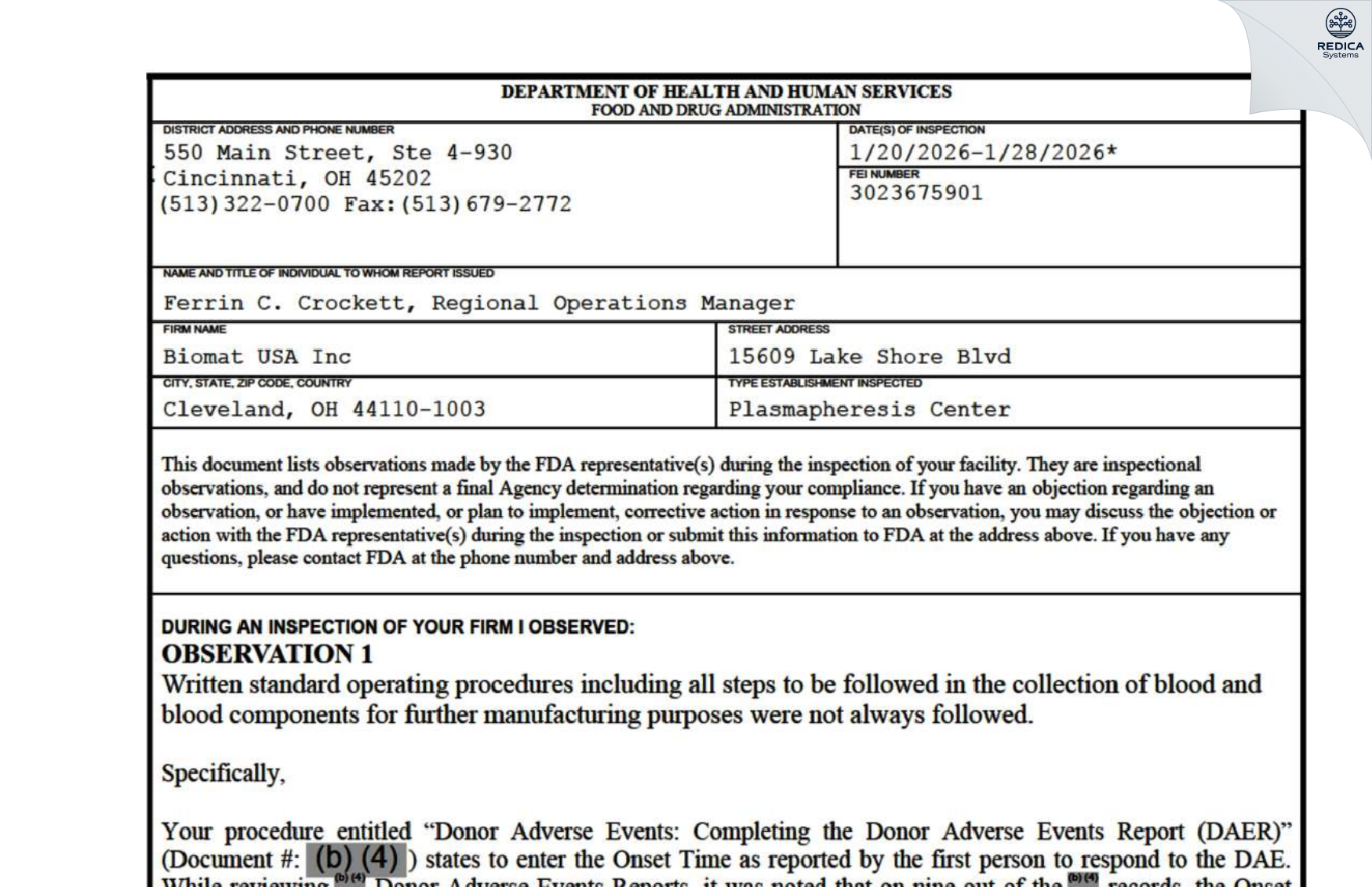 FDA 483 - BioTek America LLC [Cleveland / United States of America] - Download PDF - Redica Systems