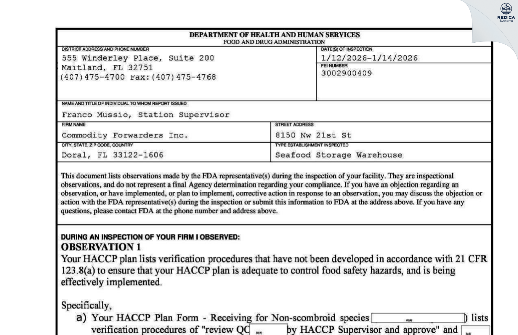 FDA 483 - Commodity Forwarders [Miami / United States of America] - Download PDF - Redica Systems