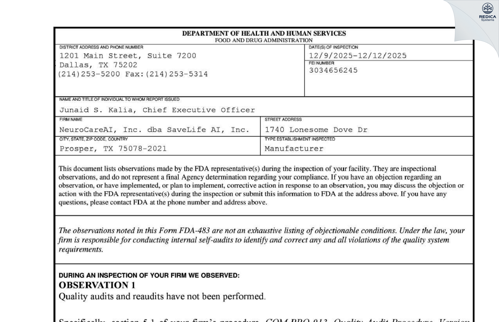 FDA 483 - NEUROCAREAI INC [Frisco / United States of America] - Download PDF - Redica Systems