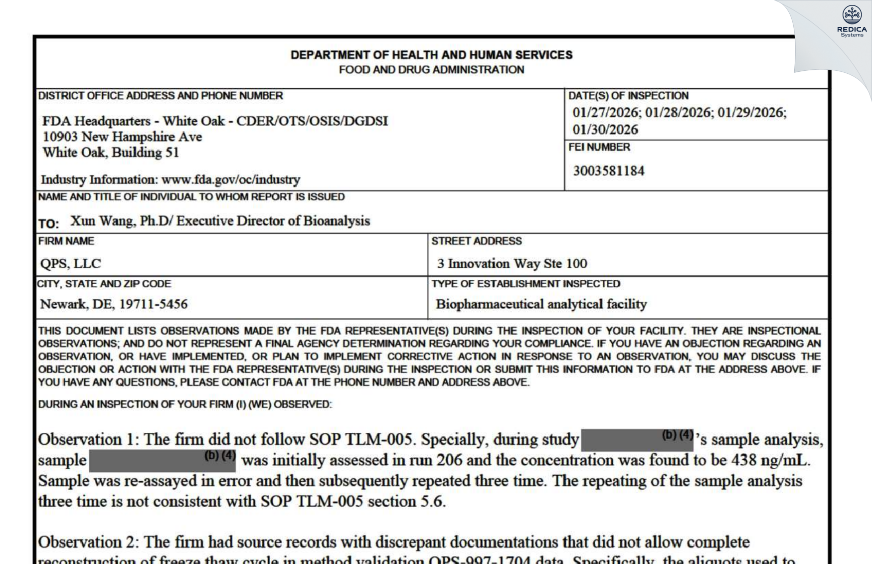 FDA 483 - QPS, LLC [Newark / United States of America] - Download PDF - Redica Systems
