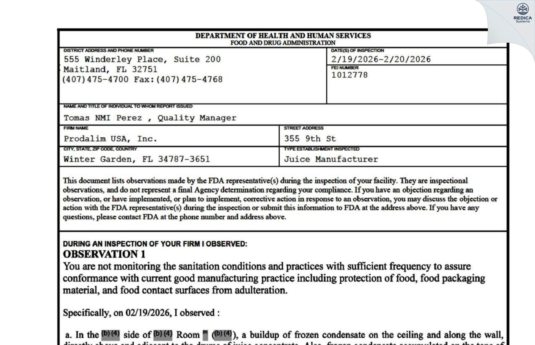 FDA 483 - Prodalim USA, Inc. [Winter Garden / United States of America] - Download PDF - Redica Systems