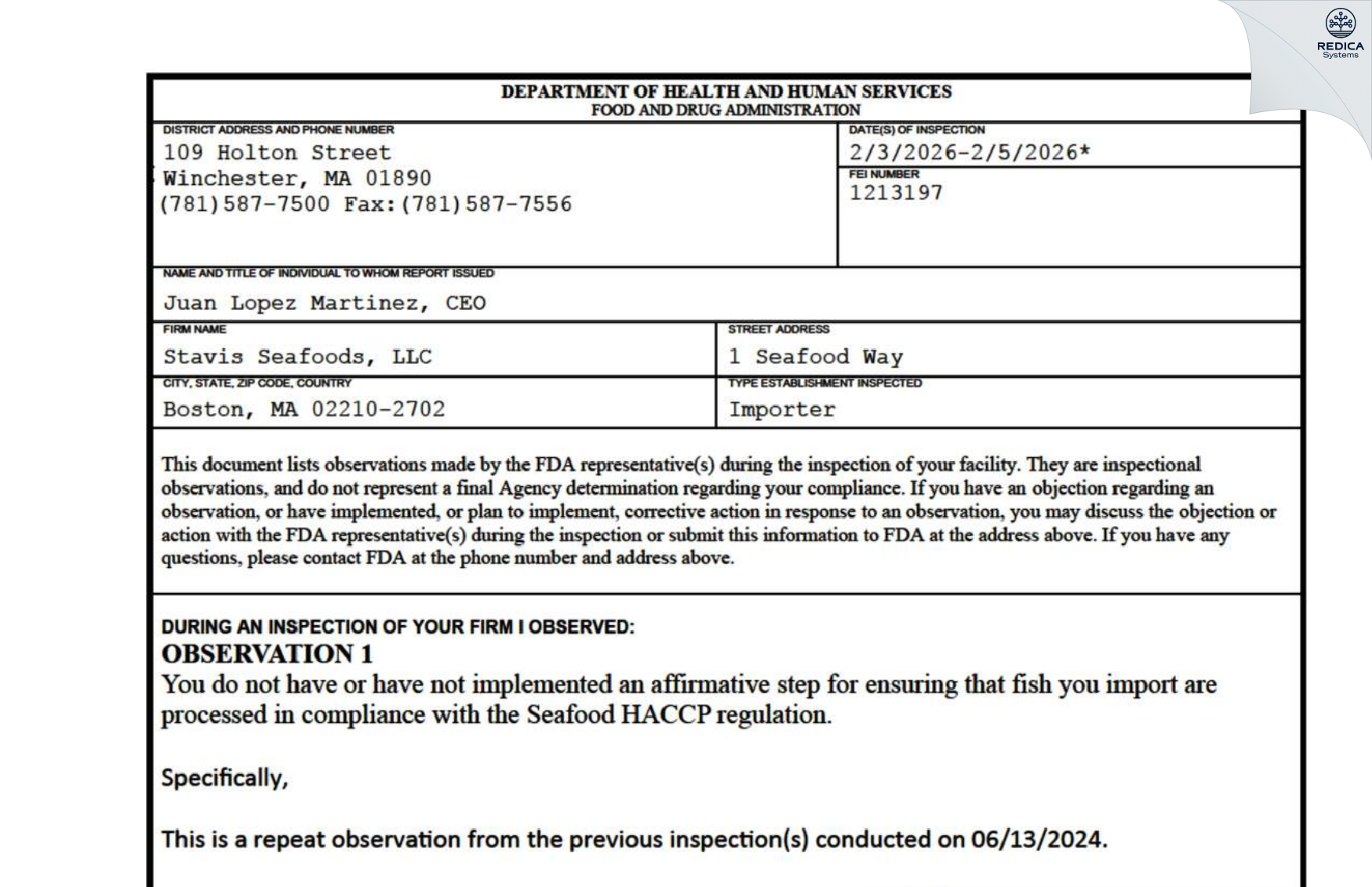 FDA 483 - Stavis Seafoods, LLC [Boston / United States of America] - Download PDF - Redica Systems