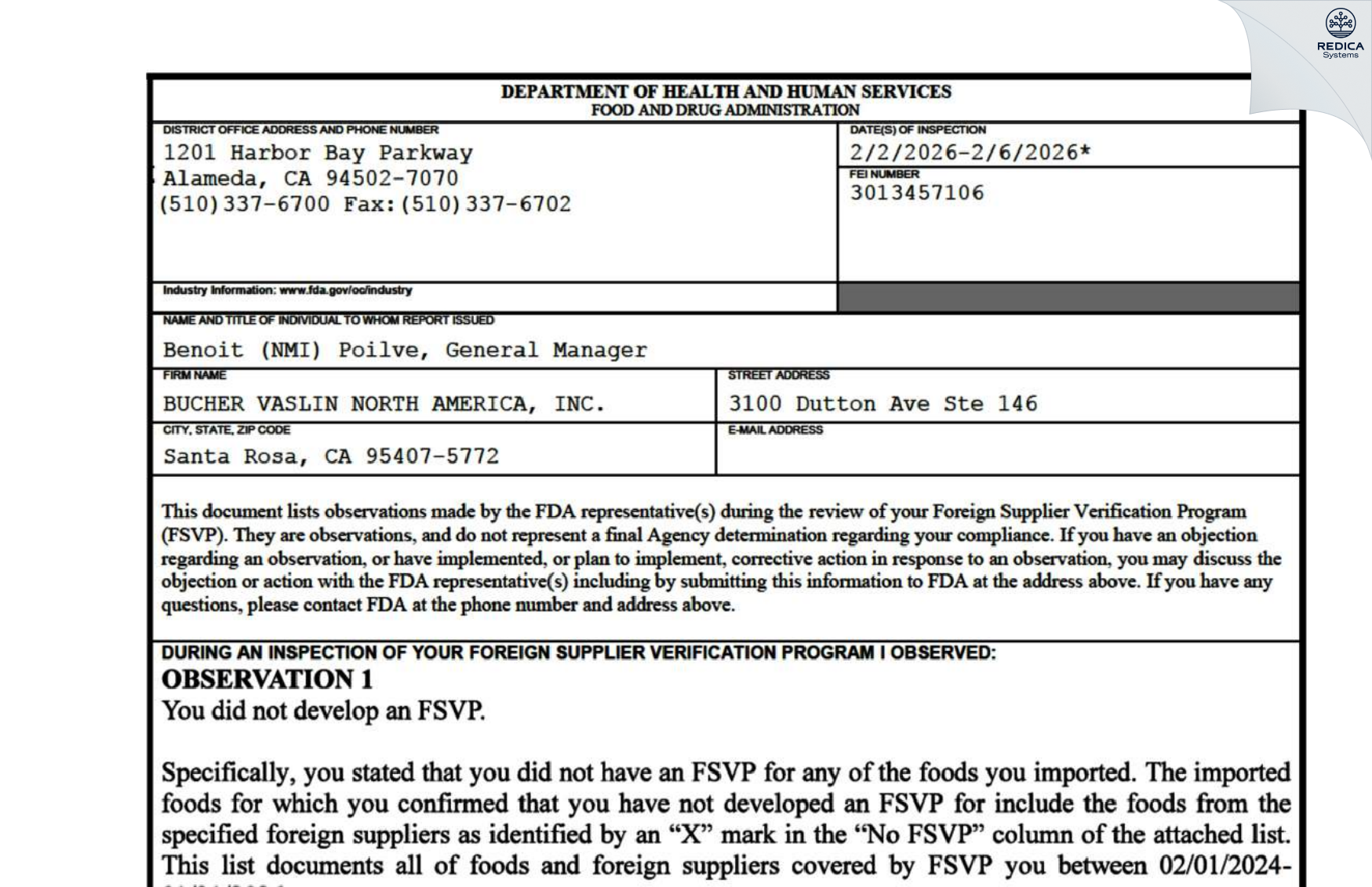 FDA 483 - BUCHER VASLIN NORTH AMERICA, INC. [Santa Rosa / United States of America] - Download PDF - Redica Systems