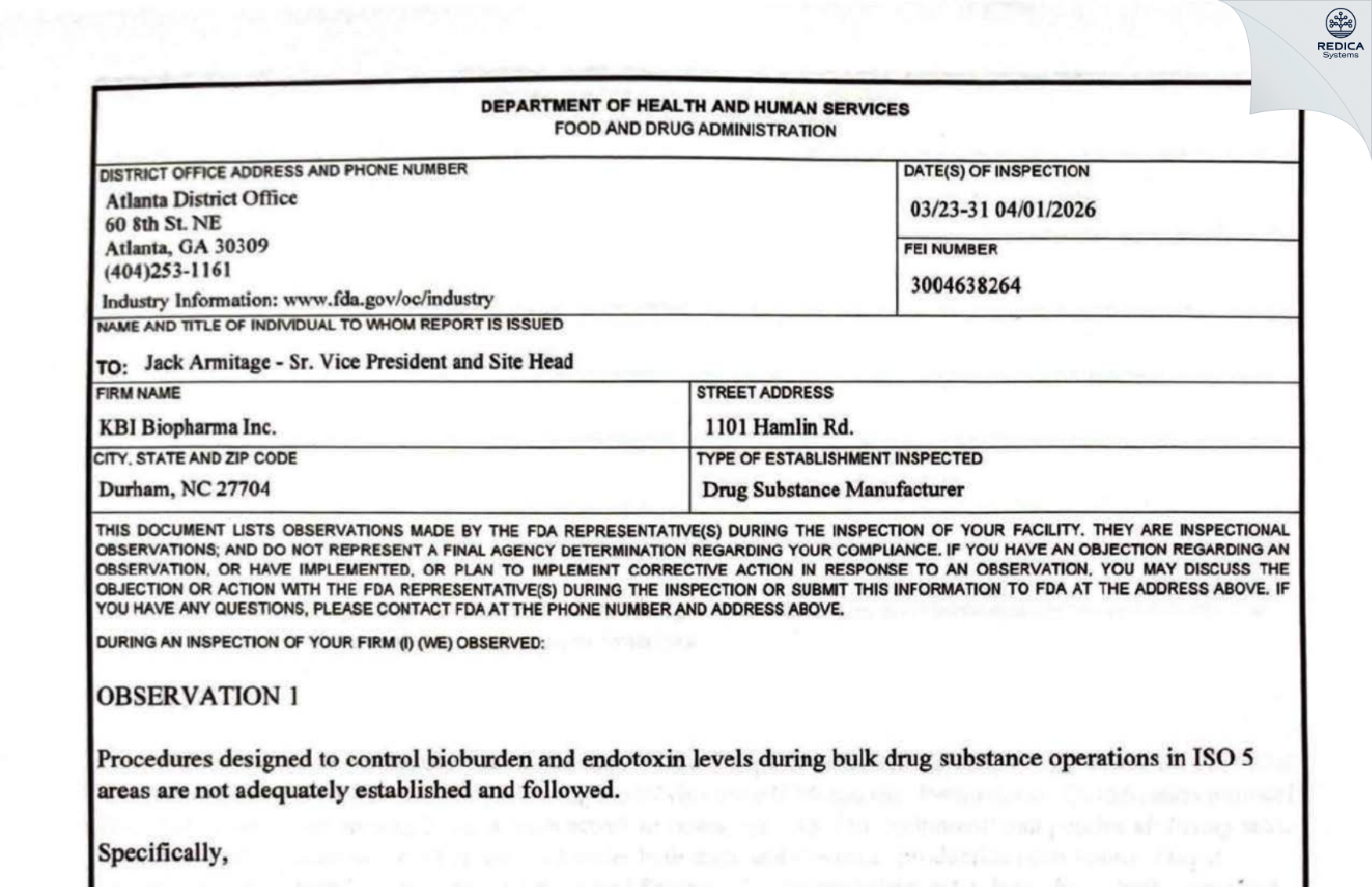 FDA 483 - KBI Biopharma, Inc. [Durham / United States of America] - Download PDF - Redica Systems