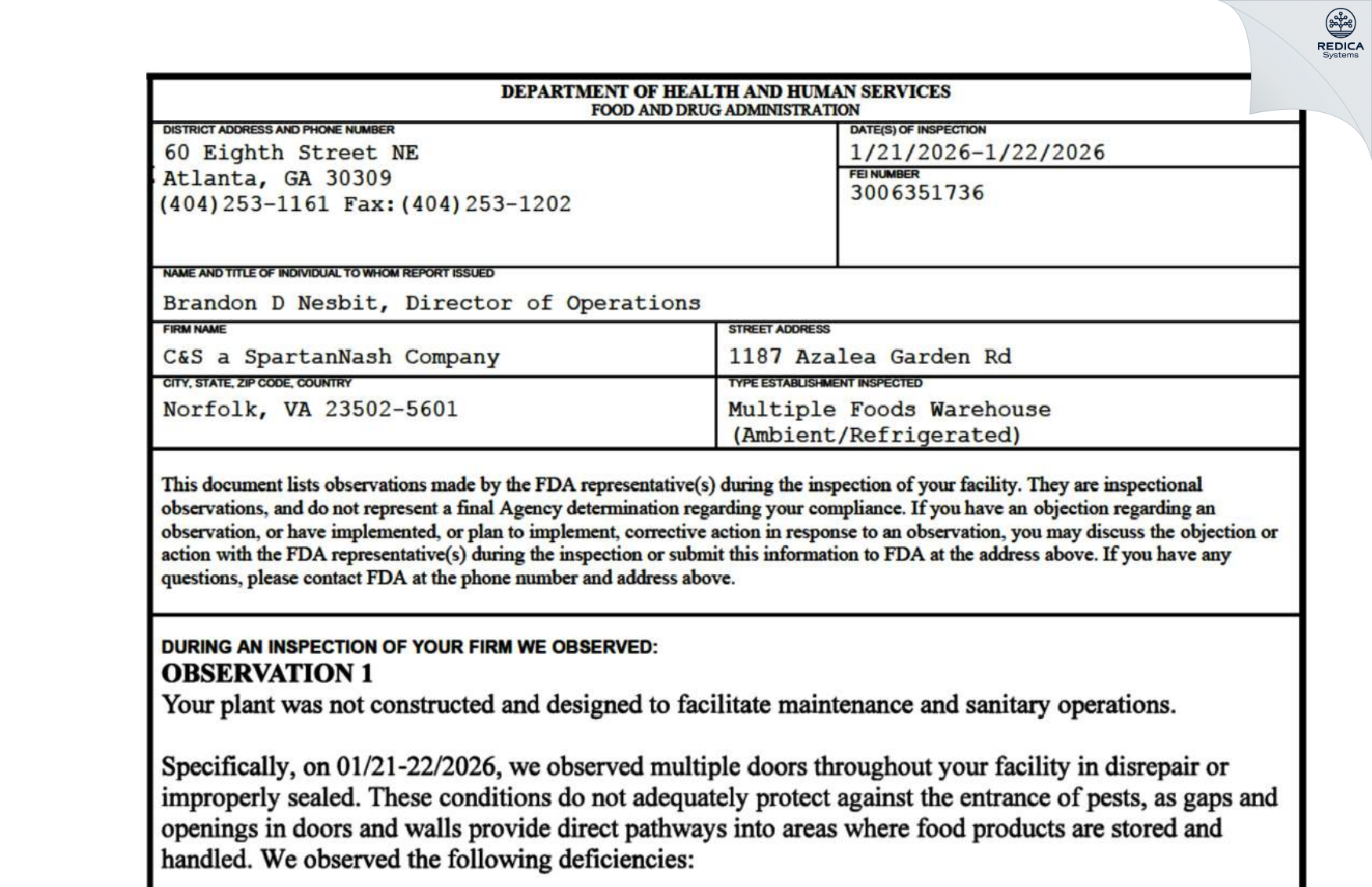 FDA 483 - MDV SpartanNash Company, LLC [Norfolk / United States of America] - Download PDF - Redica Systems