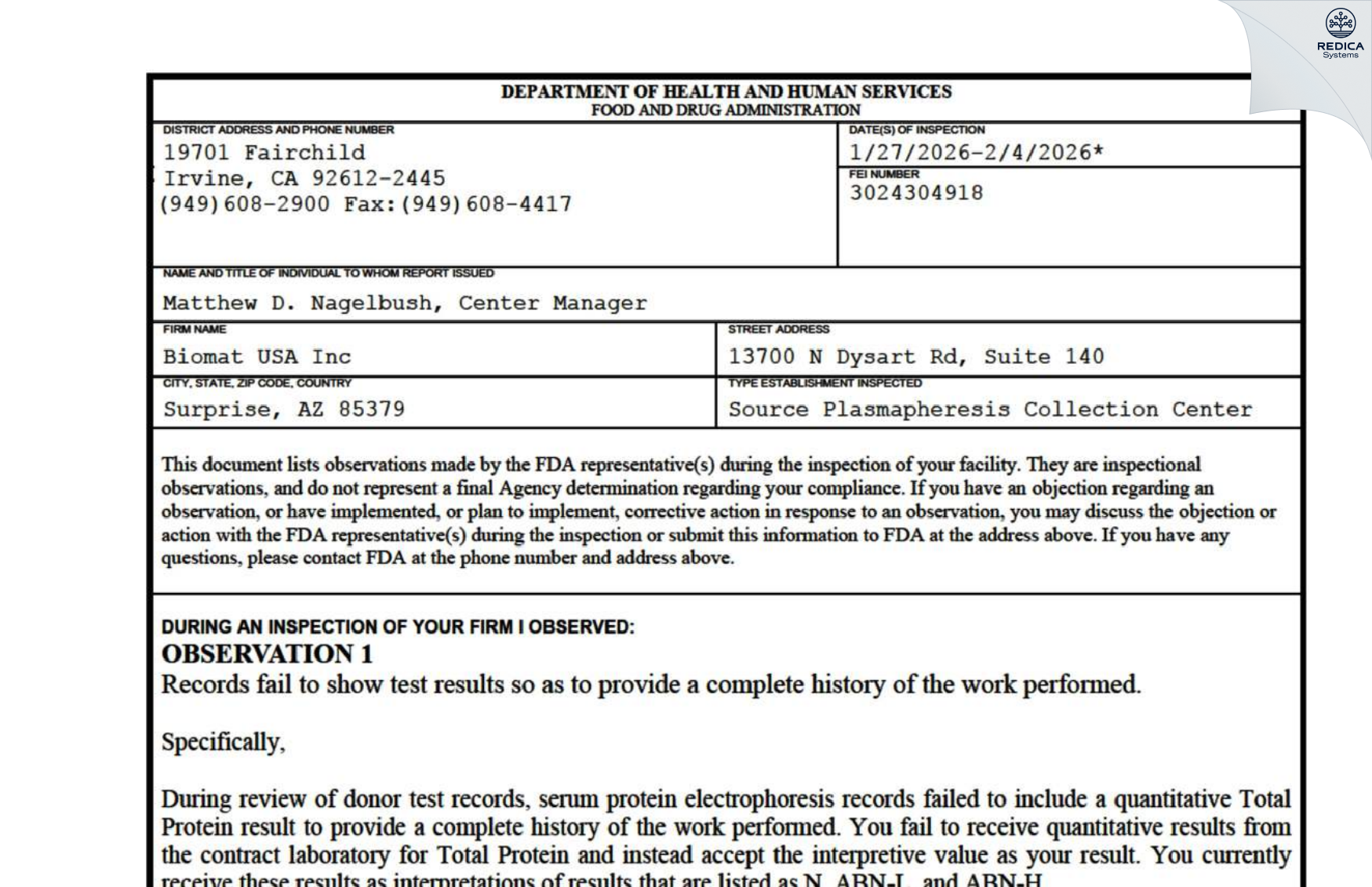 FDA 483 - Biomat USA Inc [Surprise / United States of America] - Download PDF - Redica Systems