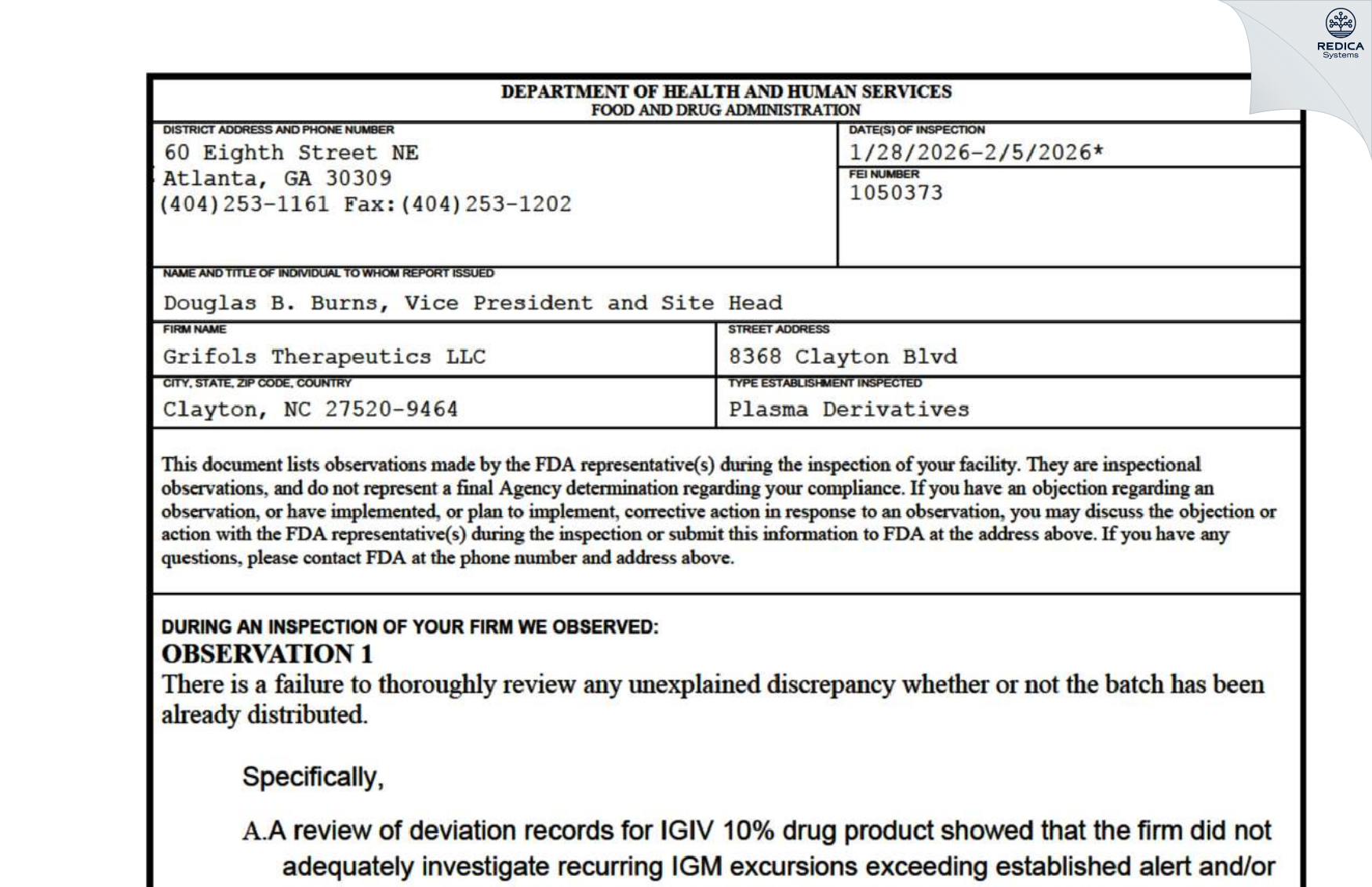 FDA 483 - Grifols Therapeutics LLC [Clayton / United States of America] - Download PDF - Redica Systems