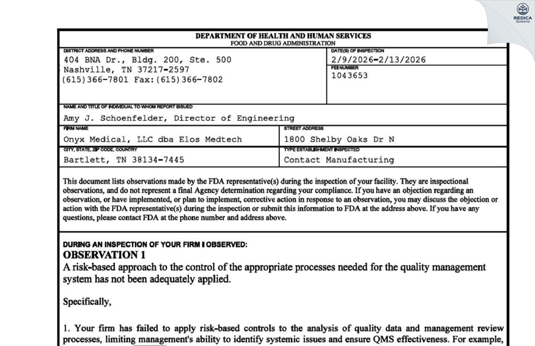 FDA 483 - Onyx Medical, LLC [Memphis / United States of America] - Download PDF - Redica Systems