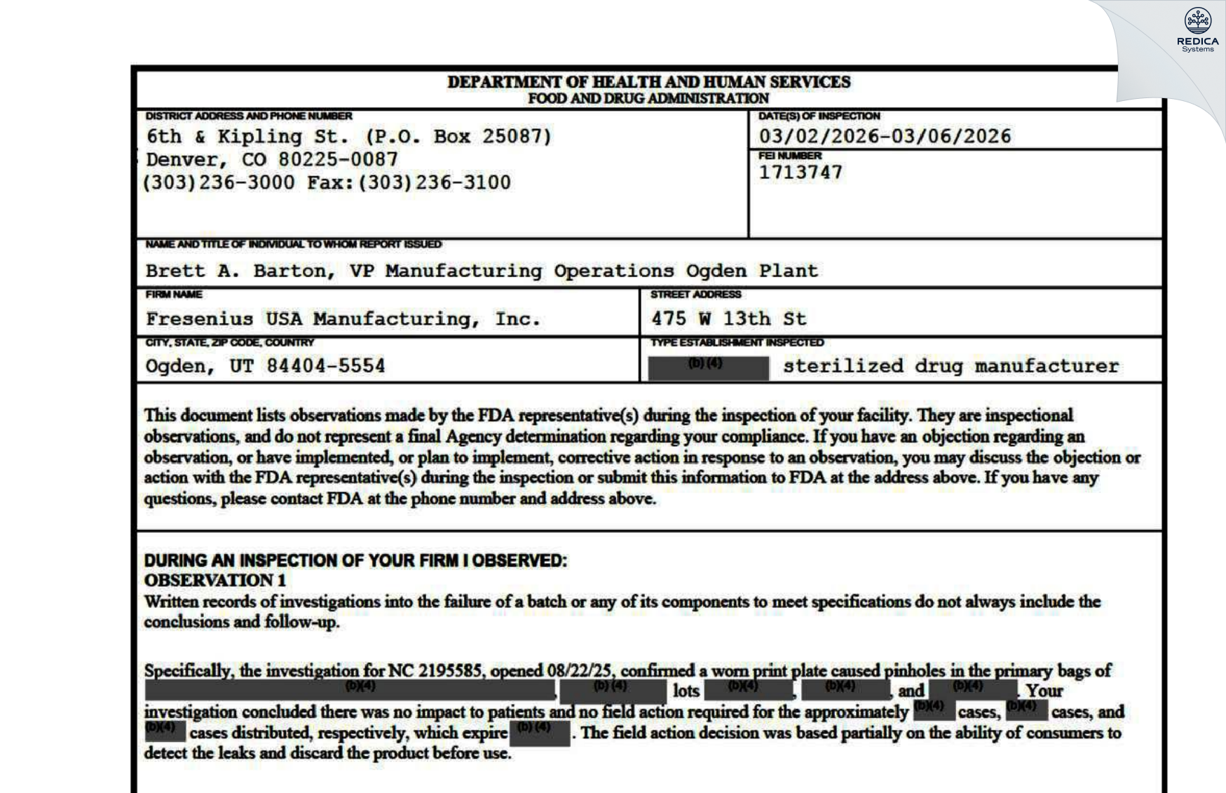 FDA 483 - Fresenius Medical Care North America [Ogden / United States of America] - Download PDF - Redica Systems