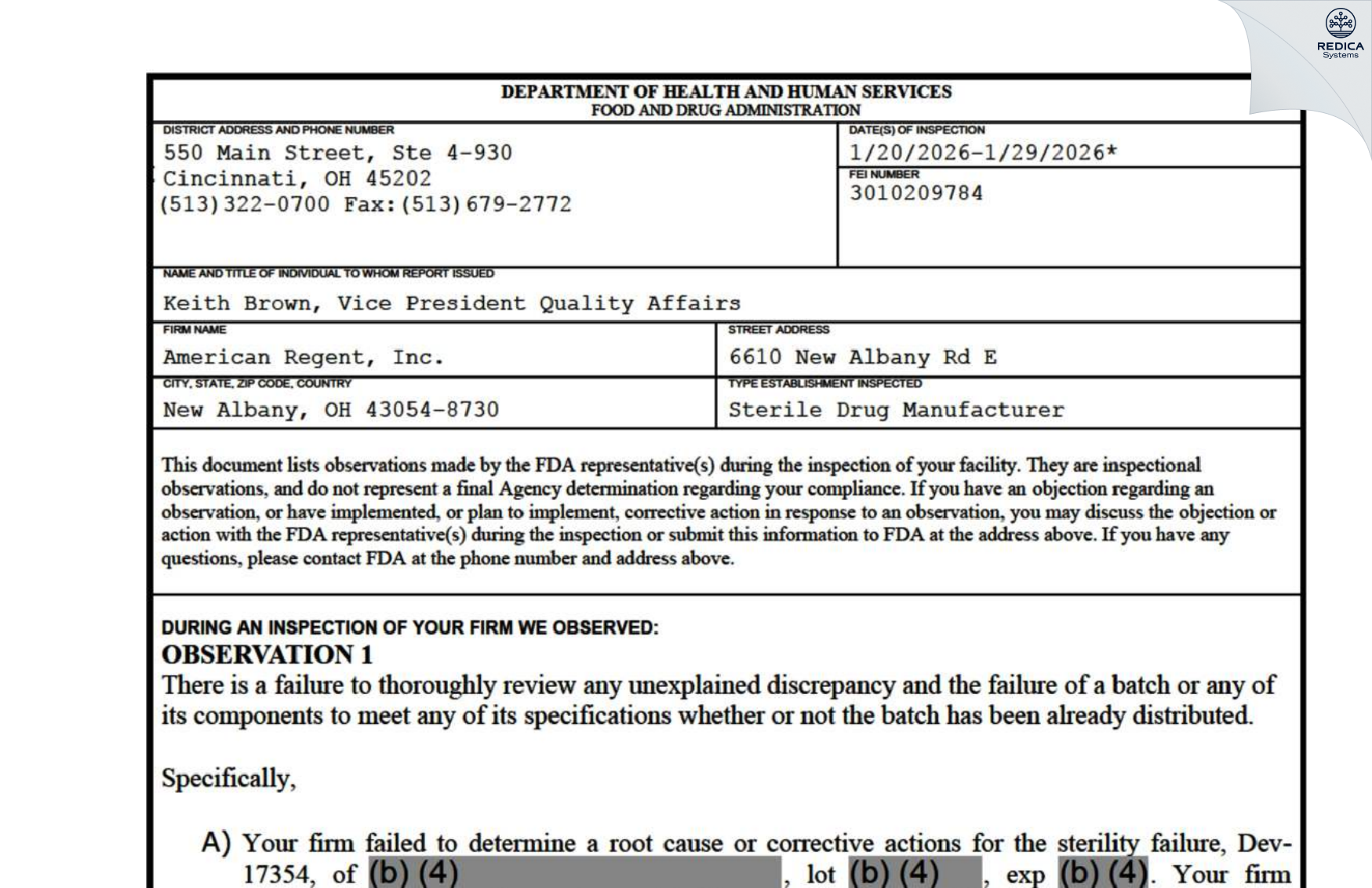 FDA 483 - American Regent, Inc. [New Albany / United States of America] - Download PDF - Redica Systems