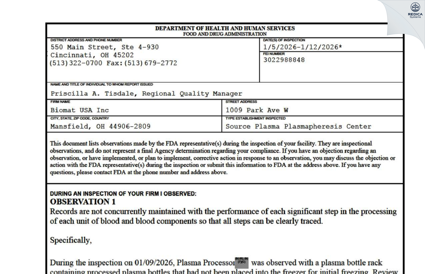 FDA 483 - BioTek America LLC [Mansfield / United States of America] - Download PDF - Redica Systems