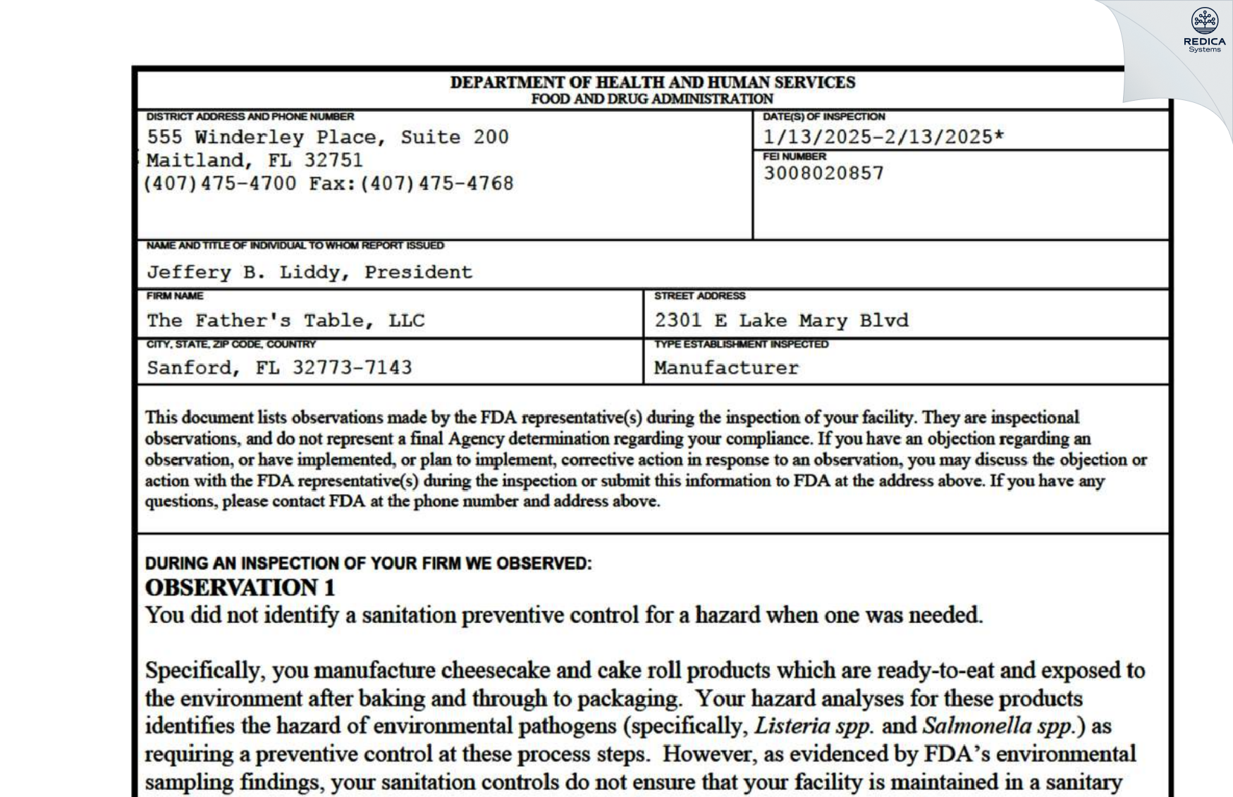 FDA 483 - The Father's Table L.L.C. [Sanford / United States of America] - Download PDF - Redica Systems