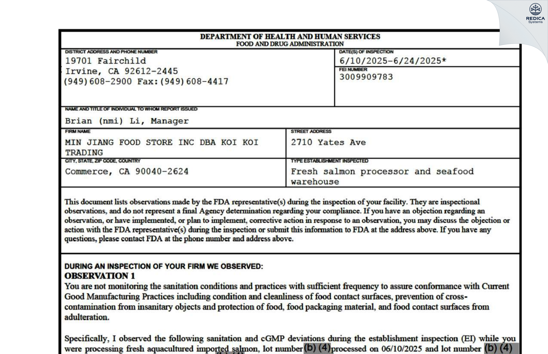 FDA 483 - MIN JIANG FOOD STORE INC DBA KOI KOI TRADING [Montebello / United States of America] - Download PDF - Redica Systems