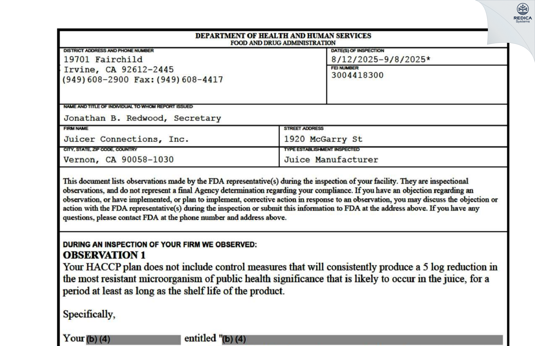 FDA 483 - Juicer Connections, Inc. [Vernon / United States of America] - Download PDF - Redica Systems