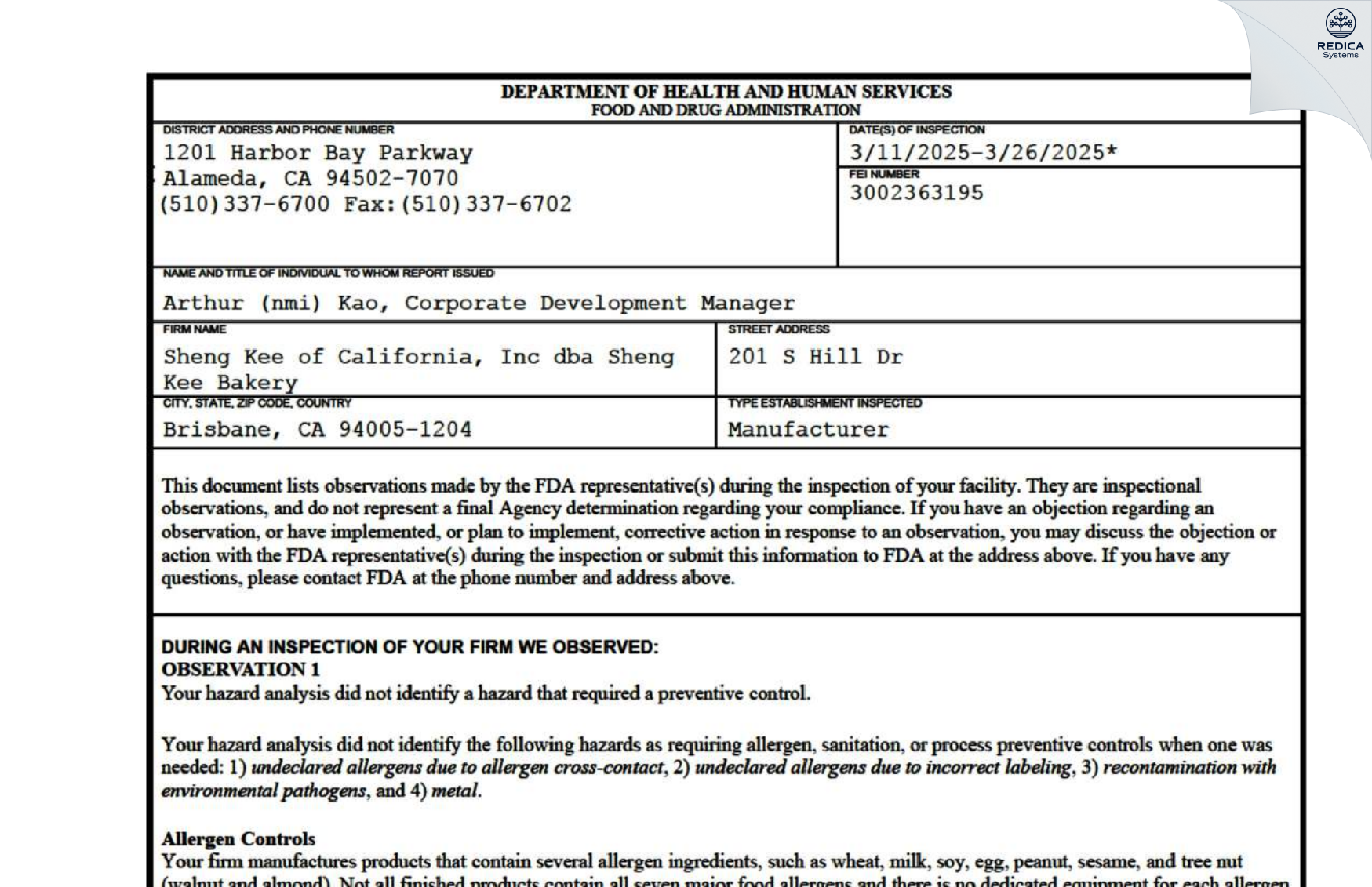 FDA 483 - Sheng Kee of California, Inc dba Sheng Kee Bakery [Brisbane / United States of America] - Download PDF - Redica Systems