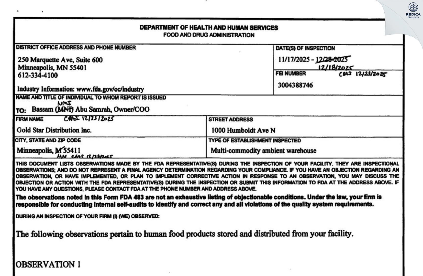 FDA 483 - GOLD STAR DISTRIBUTION INC [Minneapolis / United States of America] - Download PDF - Redica Systems