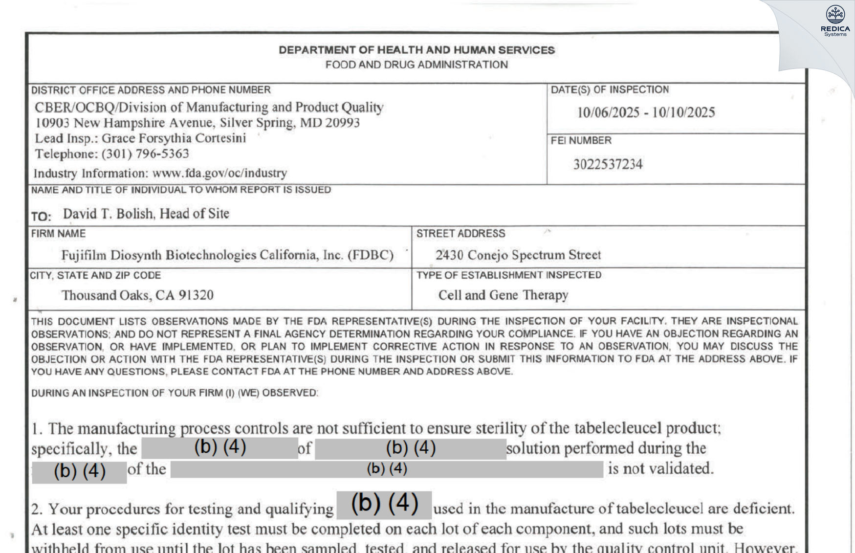 FDA 483 - FUJIFILM Diosynth Biotechnologies California, Inc. [Newbury Park / United States of America] - Download PDF - Redica Systems