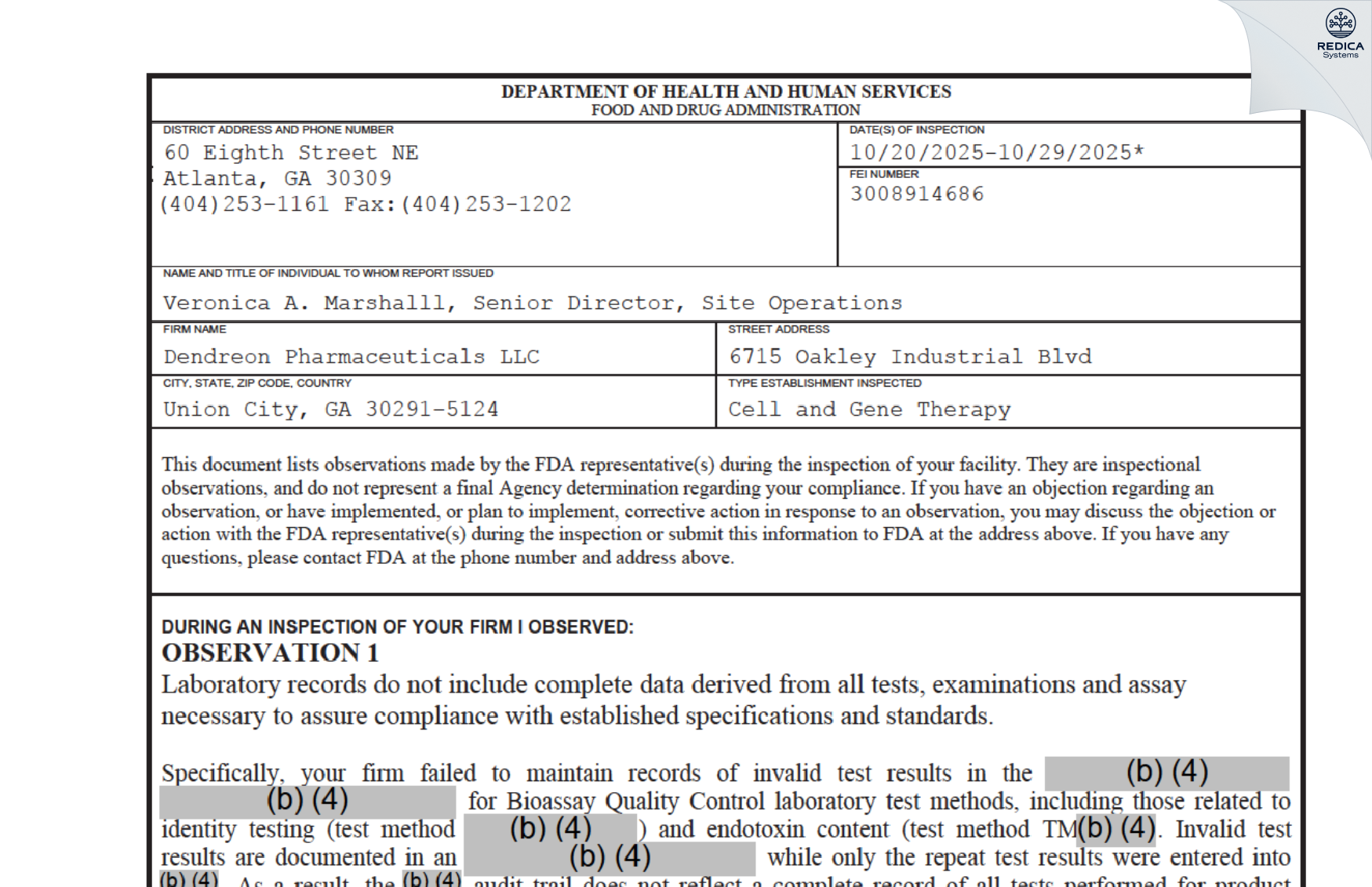 FDA 483 - Dendreon Pharmaceuticals LLC [Union City / United States of America] - Download PDF - Redica Systems