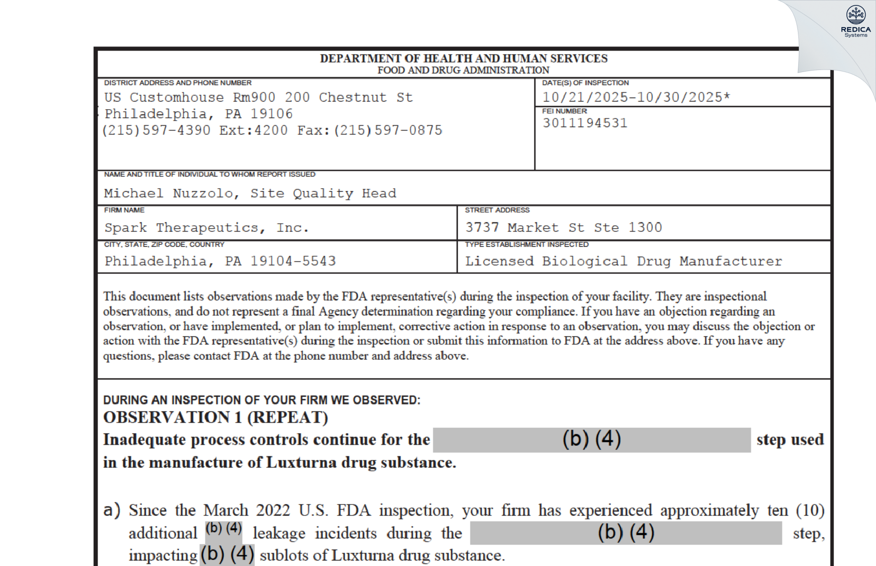 FDA 483 - Spark Therapeutics, Inc. [Philadelphia / United States of America] - Download PDF - Redica Systems