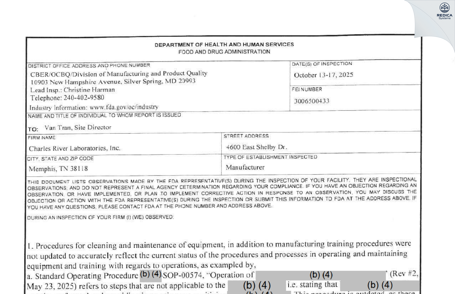 FDA 483 - Charles River Laboratories, Inc. [Memphis / United States of America] - Download PDF - Redica Systems