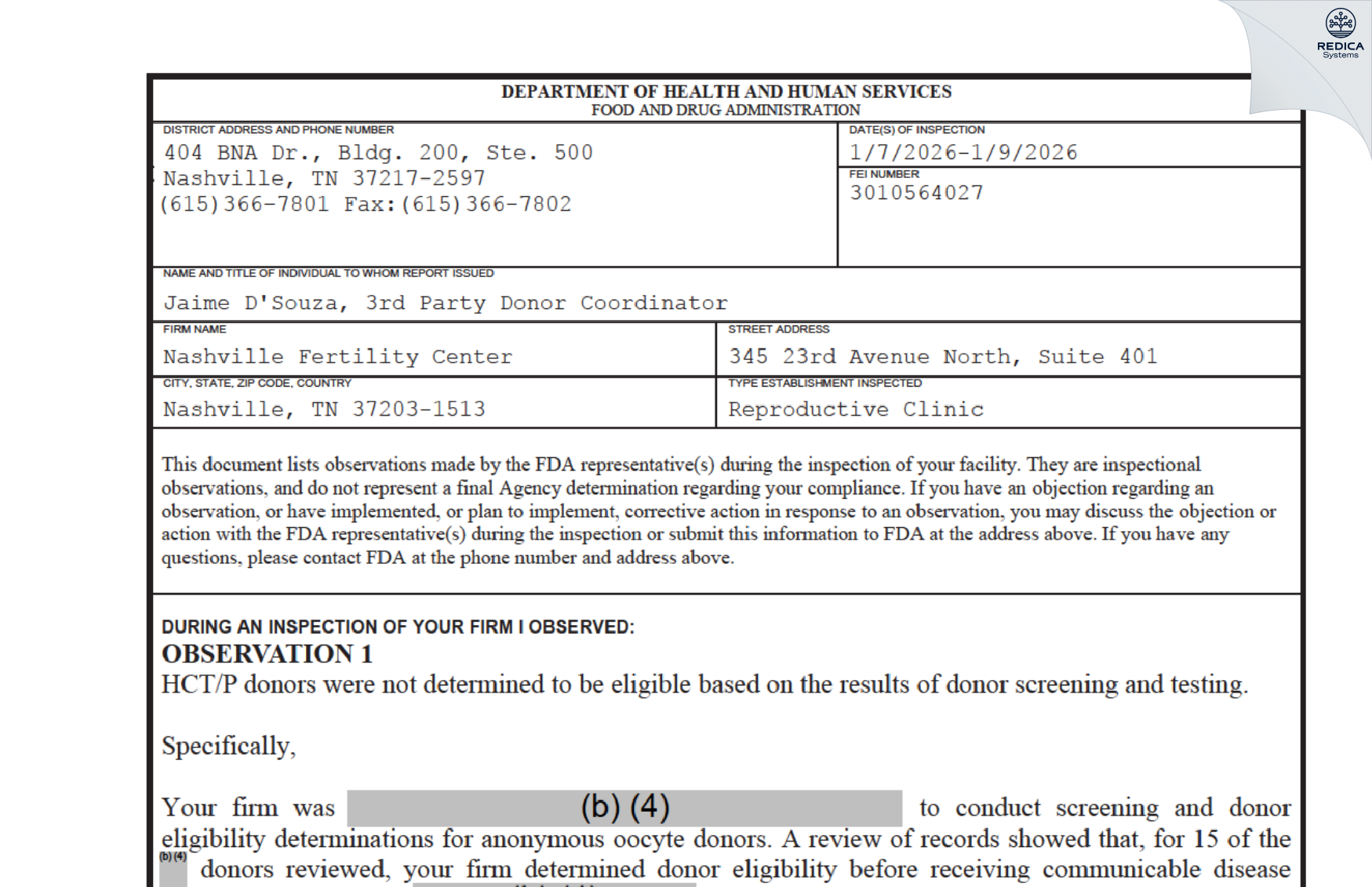 FDA 483 - Nashville Fertility Center [Nashville / United States of America] - Download PDF - Redica Systems