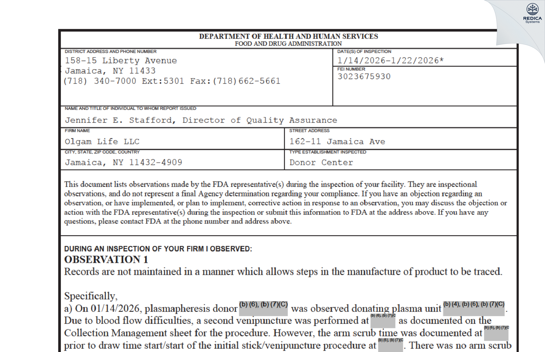 FDA 483 - Olgam Life LLC [Jamaica / United States of America] - Download PDF - Redica Systems