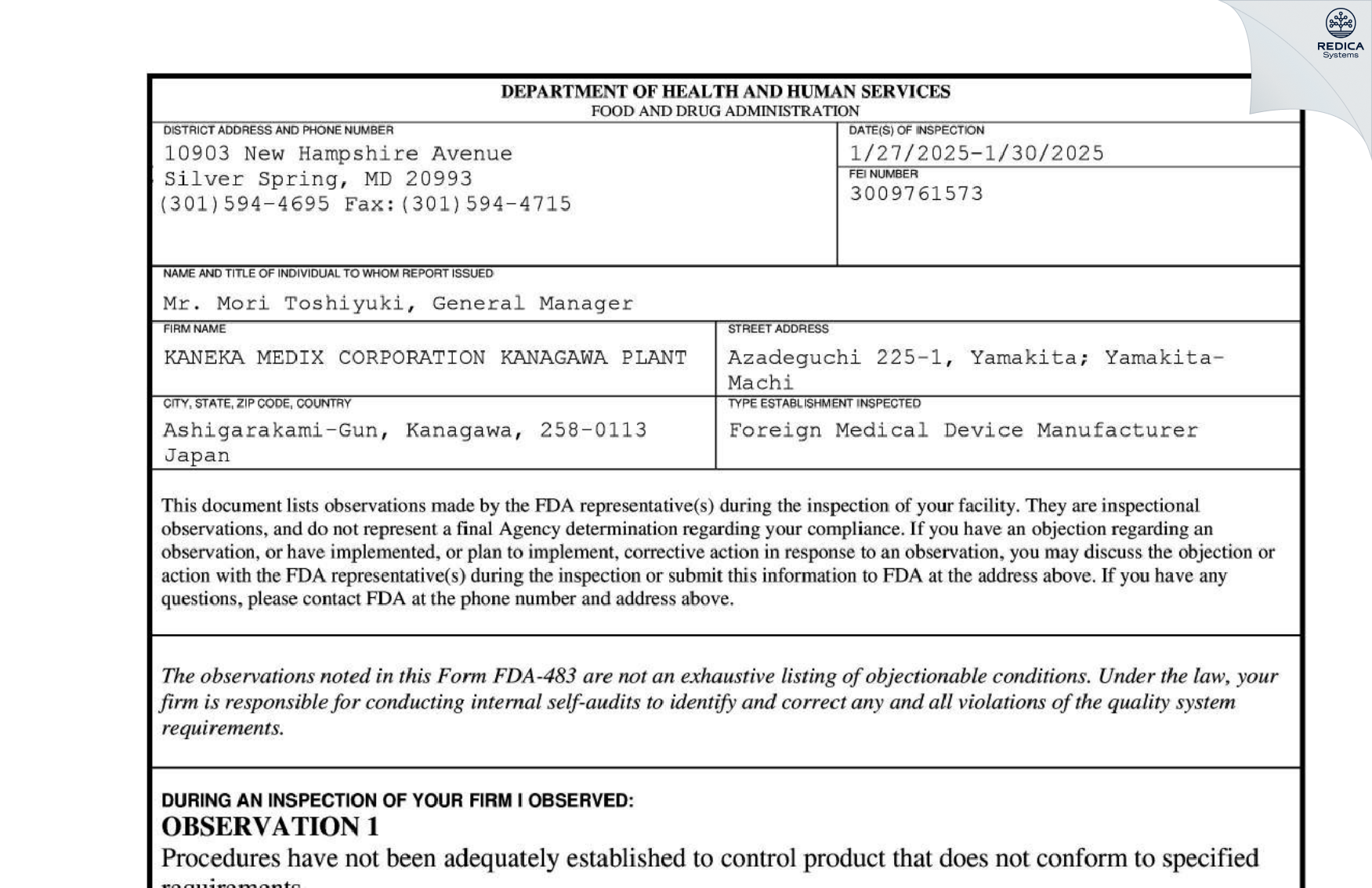 FDA 483 - KANEKA MEDIX CORPORATION KANAGAWA PLANT [Yamakita / Japan] - Download PDF - Redica Systems