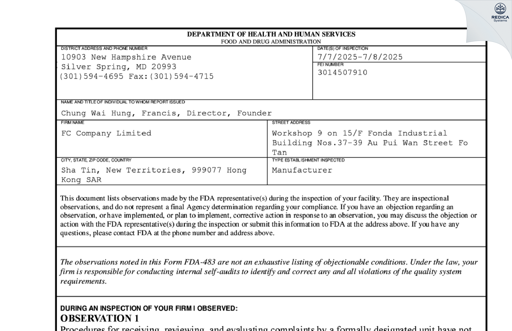 FDA 483 - FC COMPANY LTD [Fo Tan / Hong Kong] - Download PDF - Redica Systems